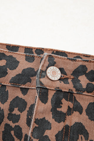 Brown Leopard Denim Frayed Split Denim Midi Skirt