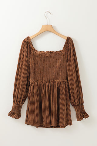 Chestnut Smocked Ribbed Velvet Babydoll Top