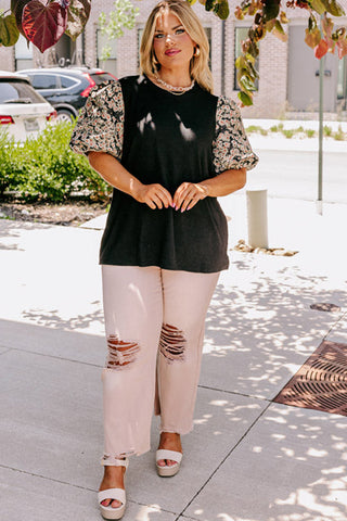 Black Daisy Printed Short Bubble Sleeve Plus Size Tunic Top