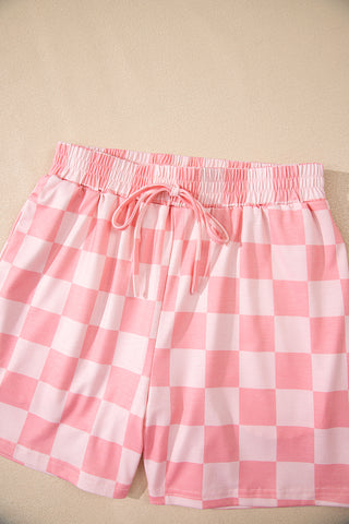 Pink Checkered V Neck Tee Drawstring Shorts Lounge Set