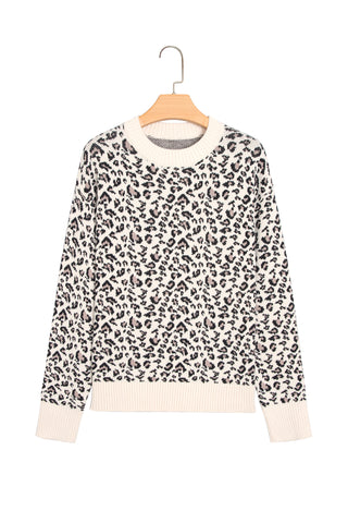 Beige Leopard Print Ribbed Color Block Trim Pullover Sweater