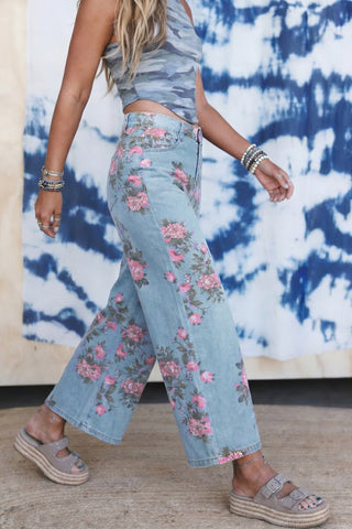 Sky Blue Garden Floral Print Bootcut Jeans, Dear-Lover Dropshipping - A Blissfully Beautiful Boutique