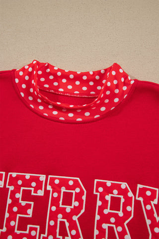 Dirty blue Polka Dot Letter Print Contrast Trim Mock Neck Sweatshirt
