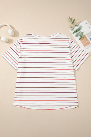 White Stripe V Neck Casual Plus Size Tee, Dear-Lover Dropshipping - A Blissfully Beautiful Boutique
