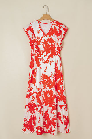 Red Floral Print Trimmed V Neck Ruffle Sleeve Long Dress