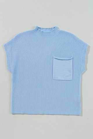 Beau Blue Patch Pocket Ribbed Knit Short Sleeve Sweater