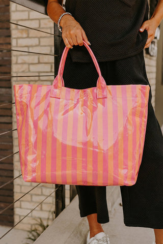 Rose Red Glossy Striped Vinyl Large Tote Bag, Dear-Lover Dropshipping - A Blissfully Beautiful Boutique