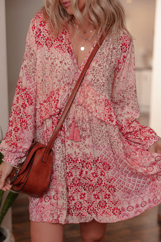 Pink Bohemian Floral Print Tassel Tie Long Sleeve Flowy Mini Dress, Dear-Lover Dropshipping - A Blissfully Beautiful Boutique