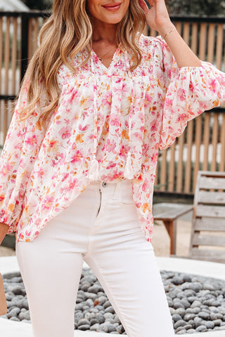 Pink Floral Print Tassel Tie Smocked V Neck Puff Sleeve Tunic Blouse