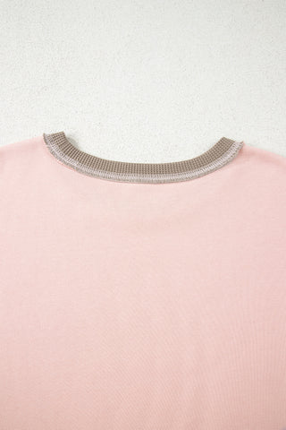 Light Pink Plus Color Block Waffle Patchwork Exposed Seam Baggy Sweatshirt, Dear-Lover Dropshipping - A Blissfully Beautiful Boutique