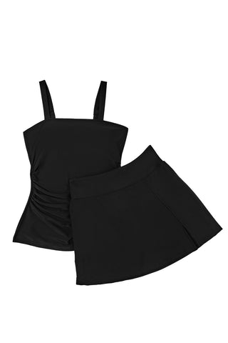 Black Solid Square Neck Sleeveless Tankini Swimsuit