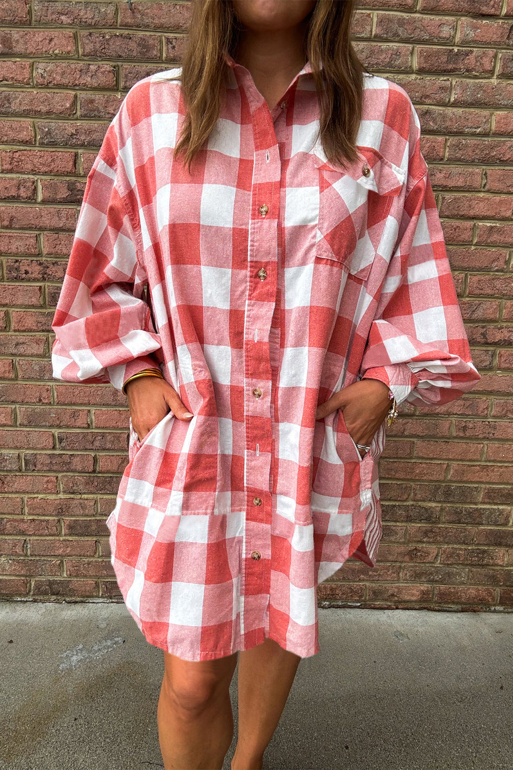 Sybaritic Boutique Pink Oversized Plaid Puff Sleeve Round Hem Shirt Dress Pink M 100 Cotton