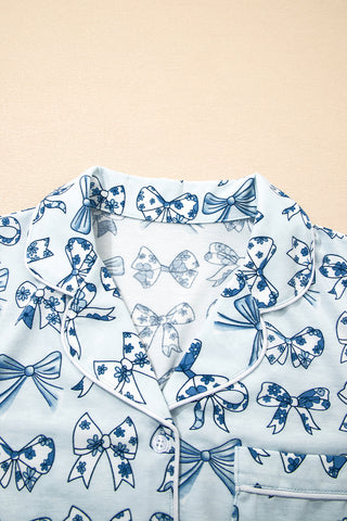 Sky Blue Bow Print Short Pajama Set, Dear-Lover Dropshipping - A Blissfully Beautiful Boutique