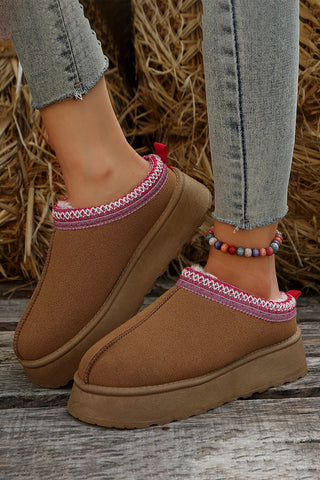 Chestnut Suede Contrast Print Round Toe Plush Lined Flats, Dear-Lover Dropshipping - A Blissfully Beautiful Boutique