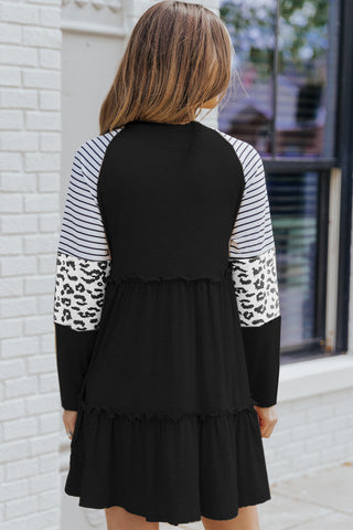 Black Striped Leopard Patchwork Long Sleeve Mini Dress