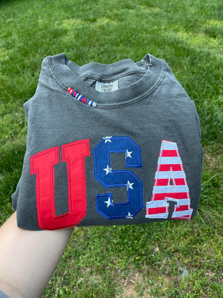 USA Red White and Blue Applique Embroidered Comfort Color Shirt, Merch Girls - A Blissfully Beautiful Boutique