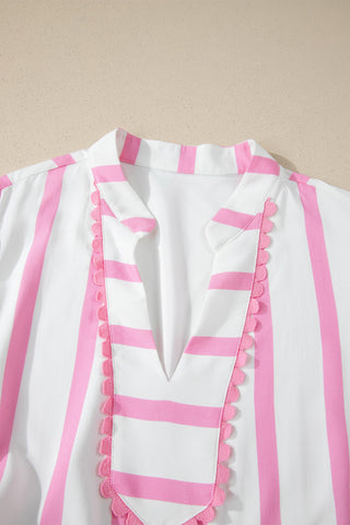 Pink Stripe Plus Size V Neck Short Puff Sleeve Tiered Maxi Dress, Dear-Lover Dropshipping - A Blissfully Beautiful Boutique