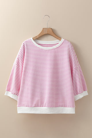 Pink Striped 3/4 Sleeve Drop Shoulder Top