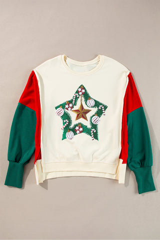 Apricot Christmas Tinsel Star Side Slits Colorblock Sweatshirt