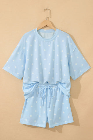 Sky Blue Exposed Seam Detail Polka Dot Loose Tee Drawstring Shorts Set, Dear-Lover Dropshipping - A Blissfully Beautiful Boutique
