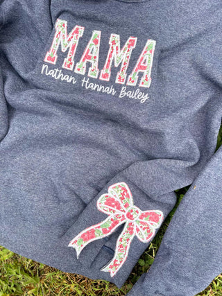 Side Bow Custom Fabric Applique Embroidered Sweatshirt with Optional Text on Front, Merch Girls - A Blissfully Beautiful Boutique