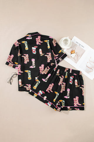 Black Western Boots Printed Short Pajama Set