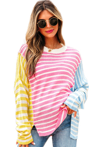 Multicolour Color Block Striped Patchwork Dolman Sleeve Slit Sweater, Dear-Lover Dropshipping - A Blissfully Beautiful Boutique