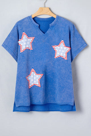 Sky Blue Patriot Star Patched Notched Neck Mineral Washed Tee, Dear-Lover Dropshipping - A Blissfully Beautiful Boutique