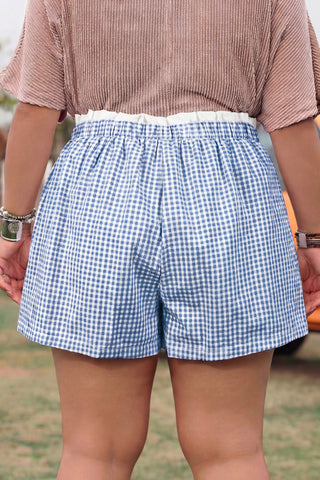 Sky Blue Contrast Trim Plaid Print Plus Size Shorts, Dear-Lover Dropshipping - A Blissfully Beautiful Boutique