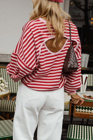 Red Stripe Cutout Open Back Long Sleeve Loose Top
