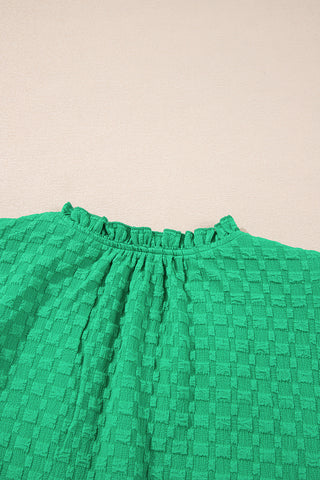 Bright Green Textured Puff Short Sleeve Notched V Neck Top