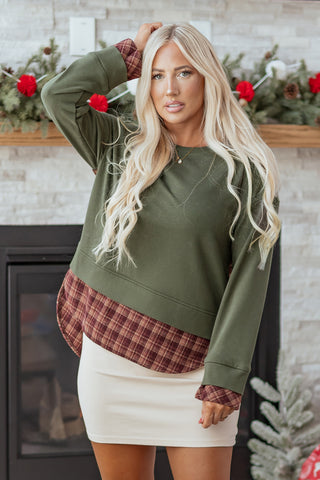 Moss Green Vintage Plaid Patchwork Drop Shoulder Sweatshirt, Dear-Lover Dropshipping - A Blissfully Beautiful Boutique