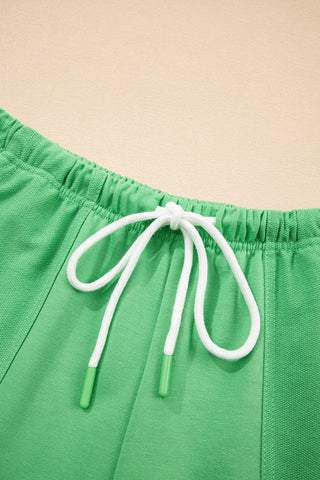 Mint Green V Neck Drop Shoulder Tee and Patchwork Drawstring Shorts Set