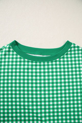 Red Gingham Oversized Ribbed Trim Crew Neck Long Sleeve Top and Skort Set