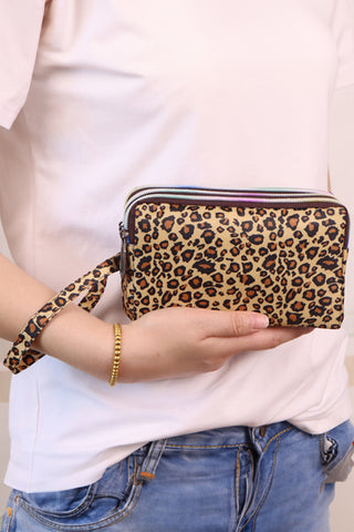 Brown Leopard Print PU Leather Wristlet Zipper Makeup Bag, Dear-Lover Dropshipping - A Blissfully Beautiful Boutique