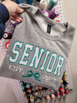Custom Senior Established Year Coquette Bow Varsity Glitter Applique Embroidered Shirt, Merch Girls - A Blissfully Beautiful Boutique