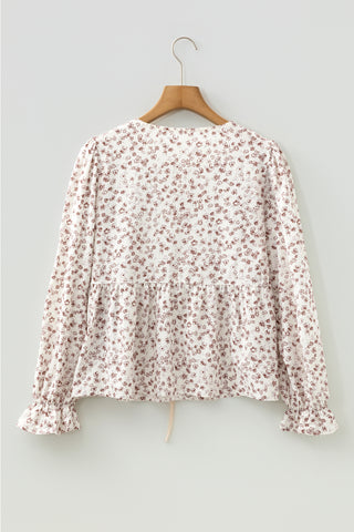 White Bow Tie Front Floral Print Flounce Sleeve Peplum Blouse, Dear-Lover Dropshipping - A Blissfully Beautiful Boutique