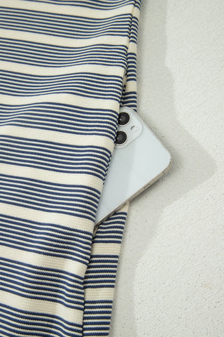 Blue Stripe Plus Size Contrast Trim Button V Neck Ruffle Sleeve Shift Dress