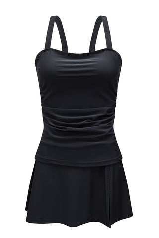 Black Solid Square Neck Sleeveless Tankini Swimsuit