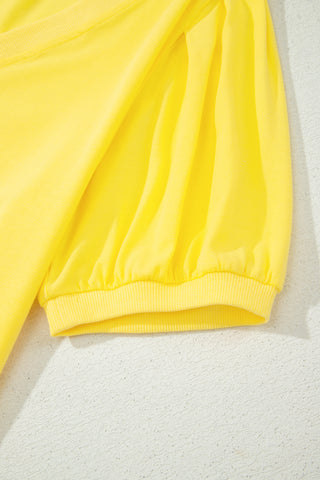 Yellow Solid Color V Neck Short Puff Sleeve Blouse