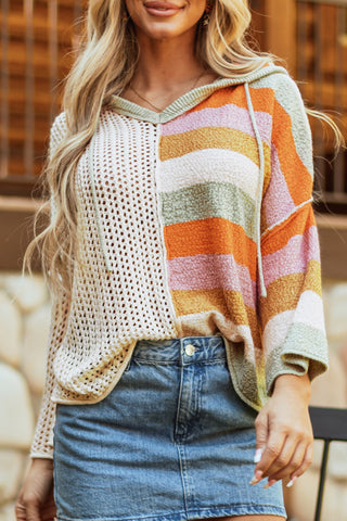 Beige Oversized Colorblock V Neck Hooded Sweater, A Blissfully Beautiful Boutique - A Blissfully Beautiful Boutique