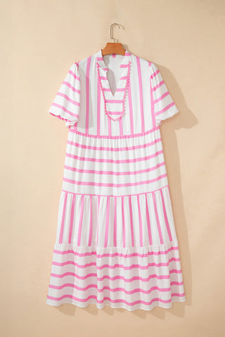 Pink Stripe Plus Size V Neck Short Puff Sleeve Tiered Maxi Dress, Dear-Lover Dropshipping - A Blissfully Beautiful Boutique