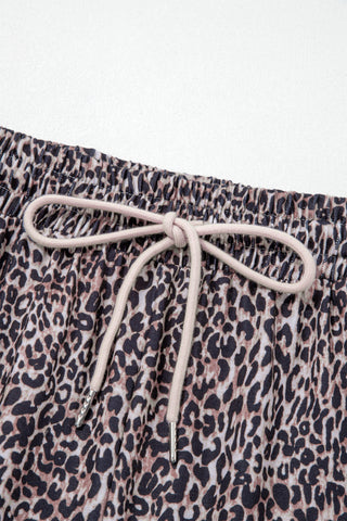 Brown Wild Leopard Print Contrast Lace Striped Detail Drawstring Pants, Dear-Lover Dropshipping - A Blissfully Beautiful Boutique