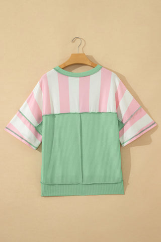 Pink Stripe Exposed Seam Ribbed Patchwork Oversized Tee, Dear-Lover Dropshipping - A Blissfully Beautiful Boutique