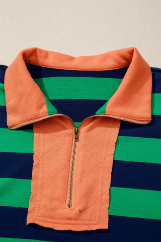 Green Stripe Quarter-Zip Metal Zipper Cover Stitch Hem Top