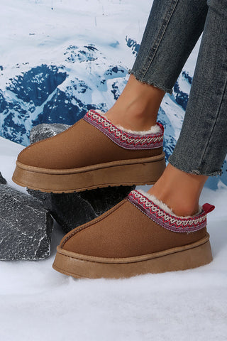Chestnut Suede Contrast Print Round Toe Plush Lined Flats, Dear-Lover Dropshipping - A Blissfully Beautiful Boutique