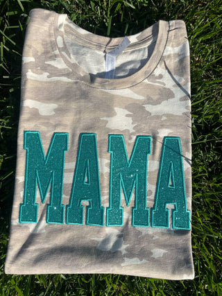 Natural or Vintage Camo Custom Mama or Mascot Glitter Applique Embroidered Shirt, Merch Girls - A Blissfully Beautiful Boutique