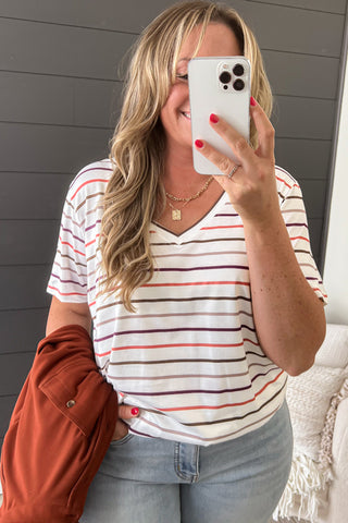 White Stripe V Neck Casual Plus Size Tee, Dear-Lover Dropshipping - A Blissfully Beautiful Boutique