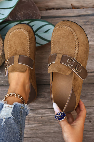 Khaki Faux Suede PU Leather Patchwork Retro Buckle Slip On Shoes, Dear-Lover Dropshipping - A Blissfully Beautiful Boutique