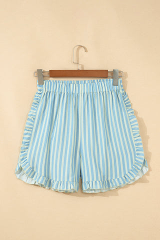 Sky Blue Stripe Elastic Waist Ruffle Trim Casual Shorts